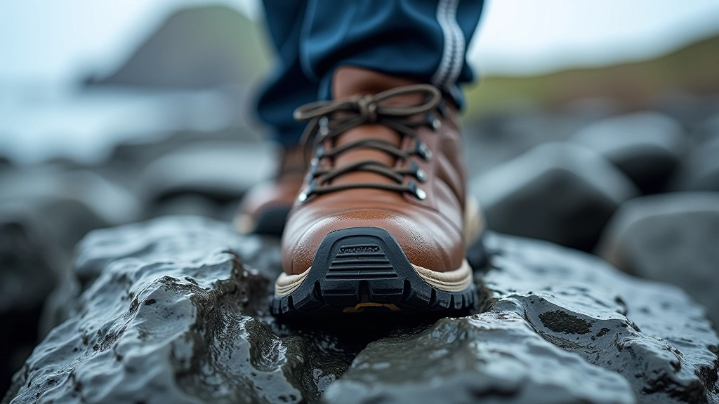 Hiking boot gripping wet rocky surface with deep tread pattern clearly visible