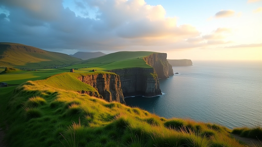 Coastal landscape with dramatic sky, green rolling hills leading to cliff edge and distant ocean view, Donegal peninsula