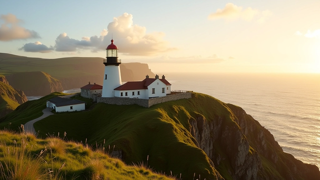 Fanad Head lighthouse standing on dramatic coastal cliffs with emerald green grass and deep blue Atlantic ocean, golden hour lighting