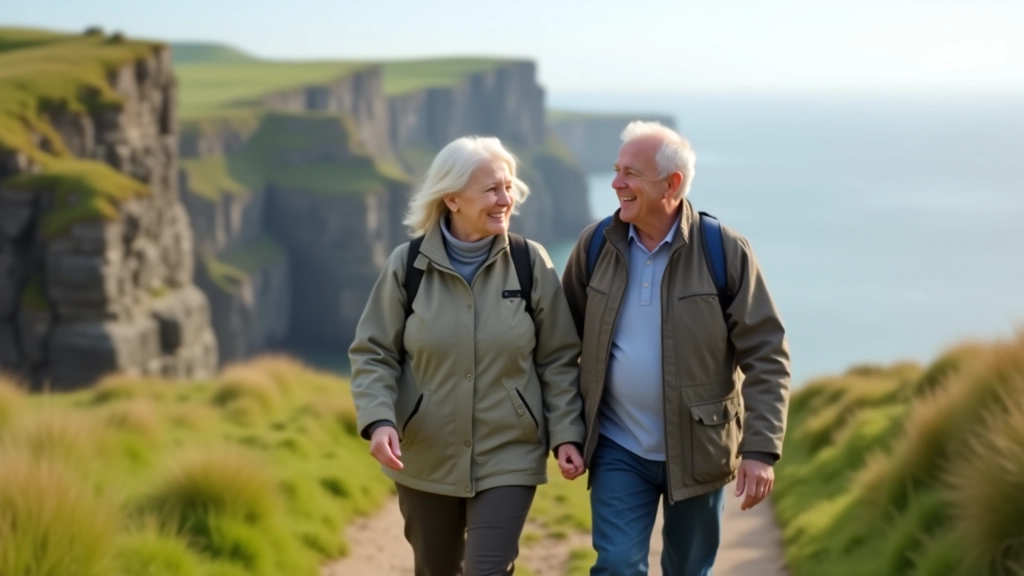 Older couple walking together on wide coastal path, holding hands, sea cliffs visible, clear day, happy expressions