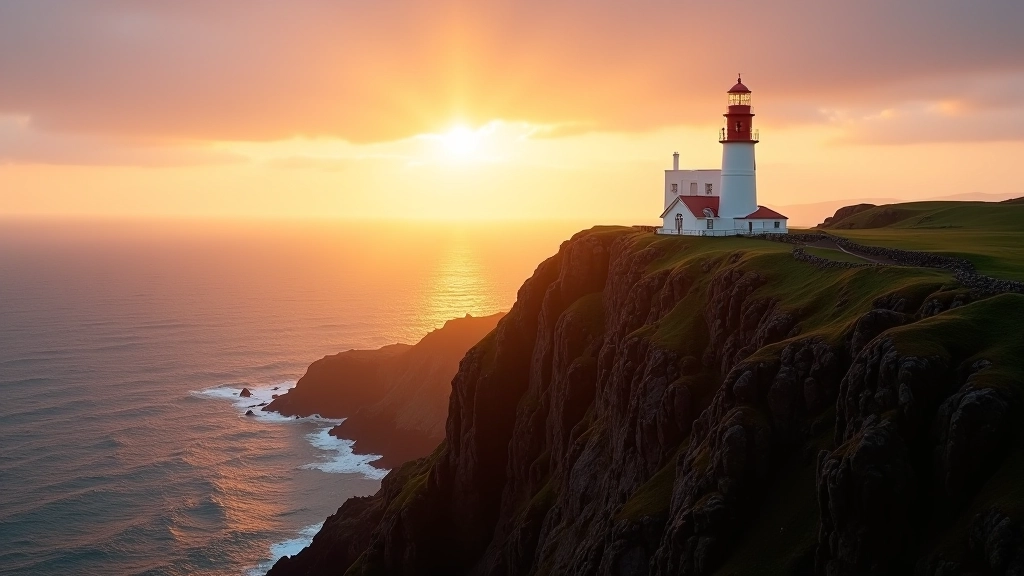 Panoramic view of Fanad Head lighthouse and dramatic cliff coastline at golden hour, emerald green Atlantic backdrop