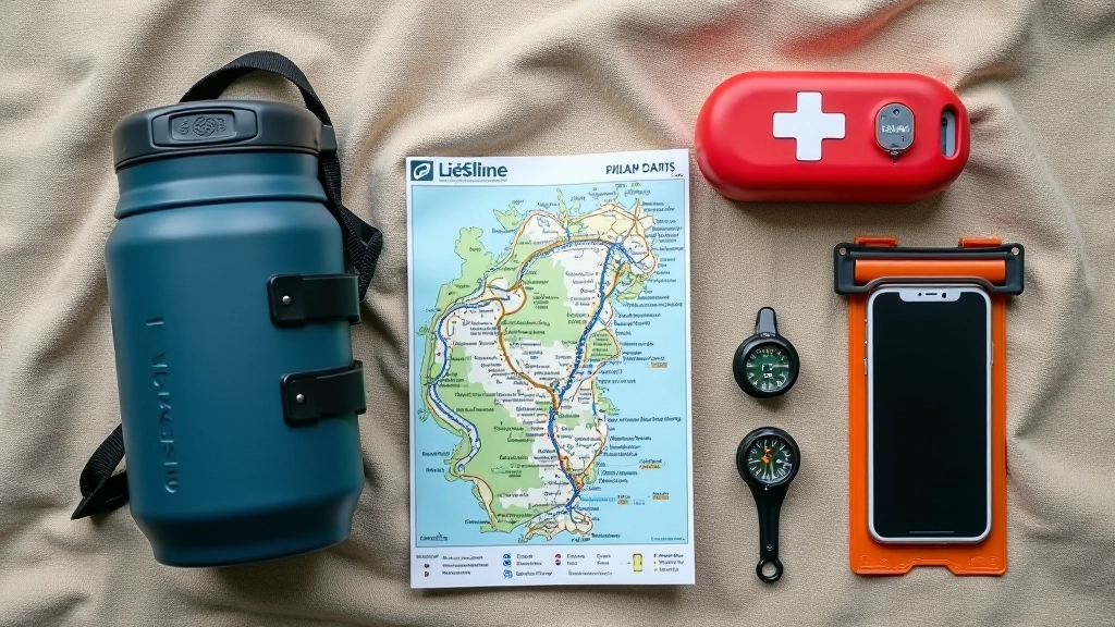 Rucksack packed with water bottle, first aid kit, map, and communication devices on outdoor surface