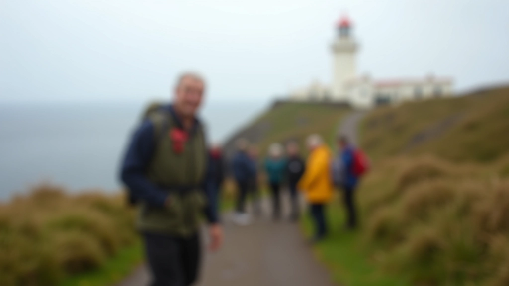 Professional guide speaking to small group of older walkers on coastal path, pointing to lighthouse in distance, morning light, scenic backdrop