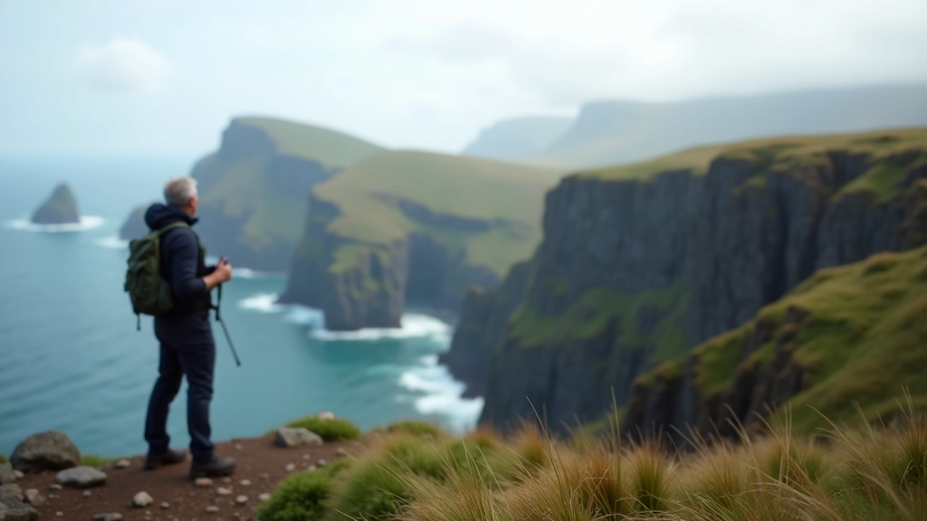 Hiker standing safely at designated viewpoint with clear distance maintained from dramatic cliff edge and rocky coastline