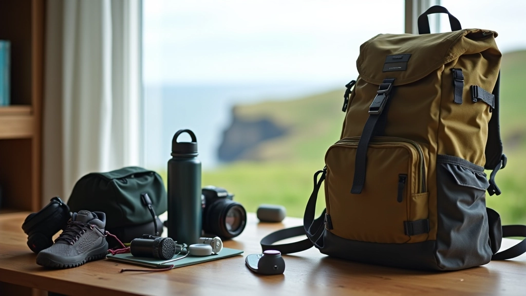 Backpack and hiking accessories laid out on wooden surface with coastal scenery in background