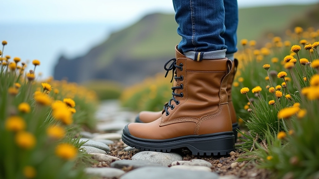 Close-up of hiking boot on natural stone path with wildflowers and coastal landscape