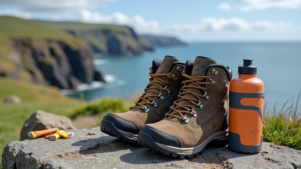 Hiking boots and outdoor gear laid out on natural stone, waterproof jacket folded nearby, outdoor equipment
