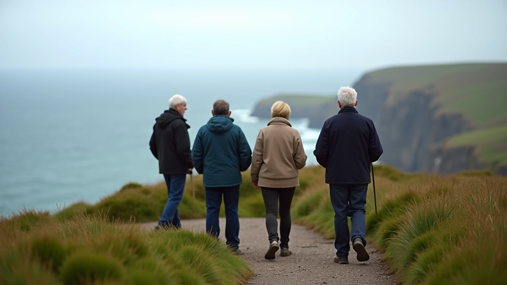 Experienced walking guide pointing out coastal landmarks to mature group walkers on Fanad peninsula cliff path