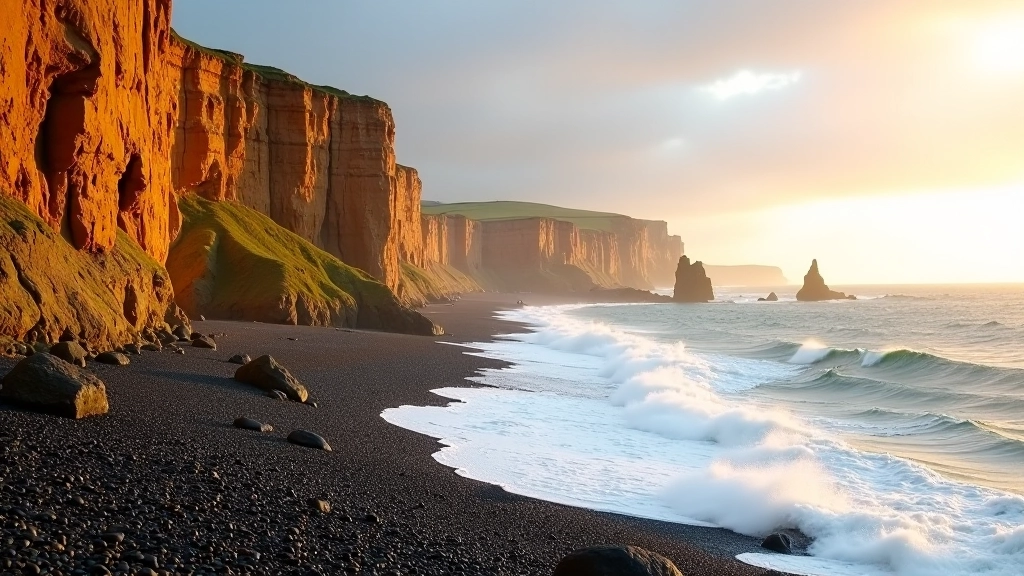 Sheer golden-coloured cliff face rising from rocky beach with crashing white waves at base