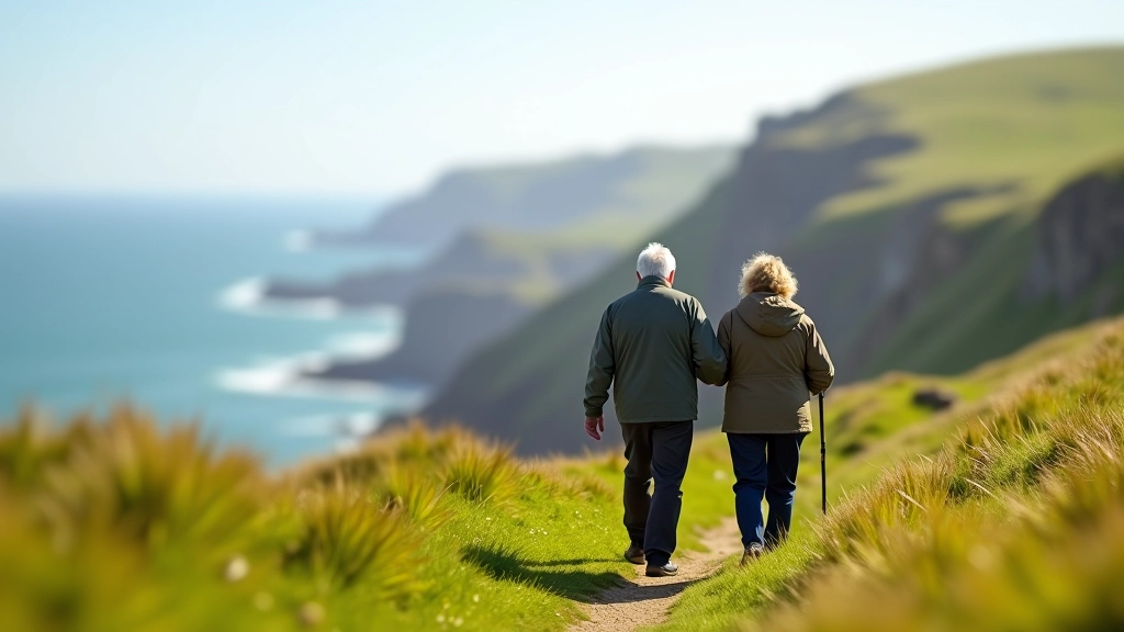 Older couple walking along a coastal path with green grass and blue sea visible in background