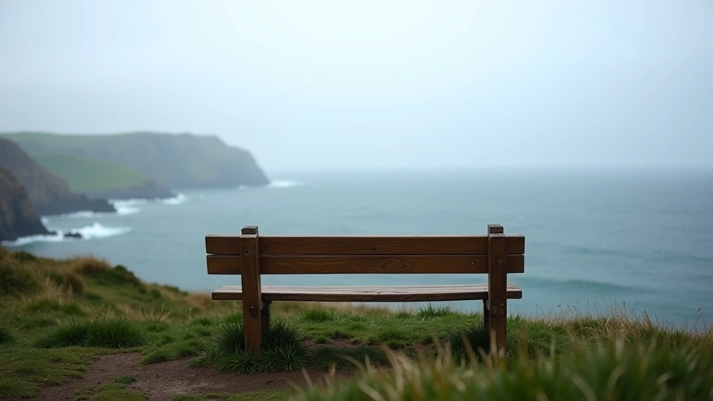 Wooden bench overlooking vast ocean from clifftop, hazy distant mountains visible on horizon